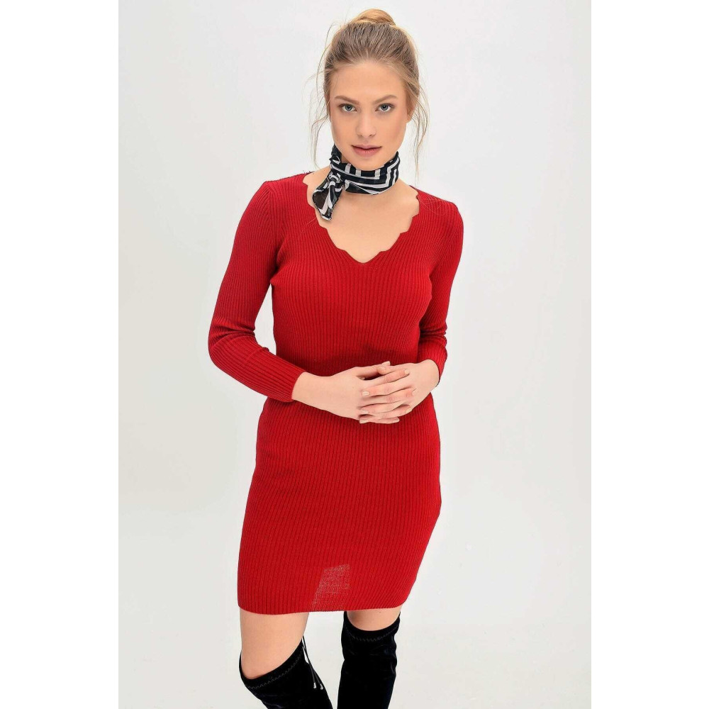 citycenterfashion Kadın Kırmızı Yaka Detaylı Triko Elbise Cty-cnd-453545 Standart Beden Elbise Fiyatı