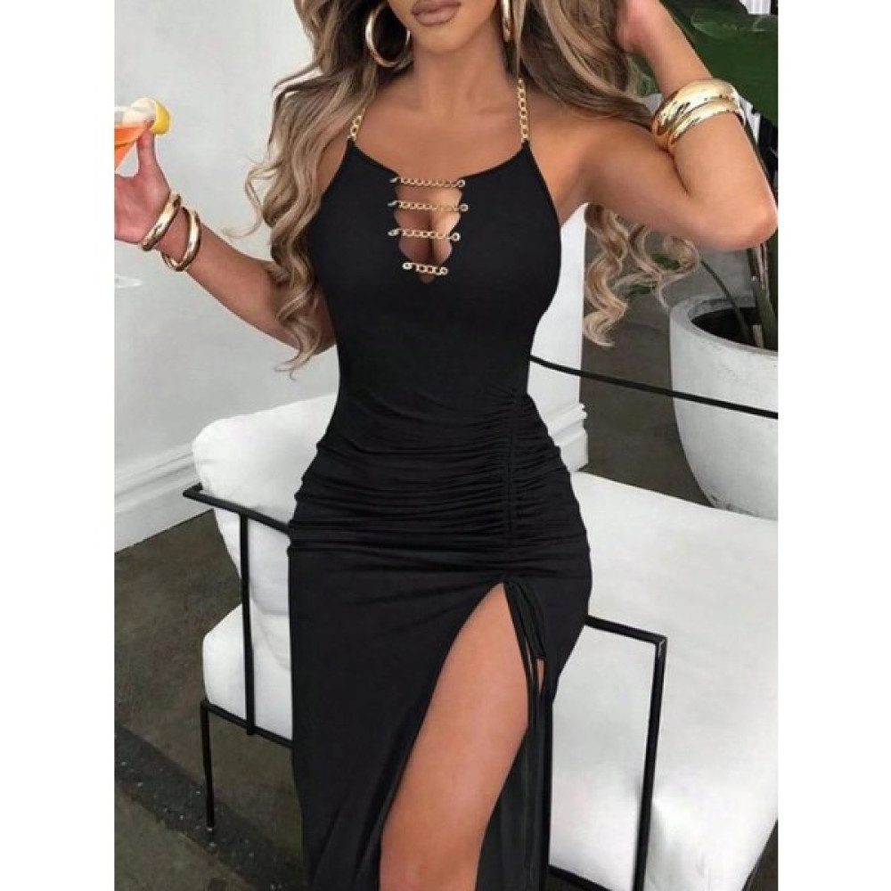 Civarda Moda Ithal Full Likralı Sandy Kumaş Kuşgözü ve Metal Zincir Detaylı Asansör Büzgülü Yırtmaç Dekolteli Maxi Boy Elbise Elbise Fiyatı