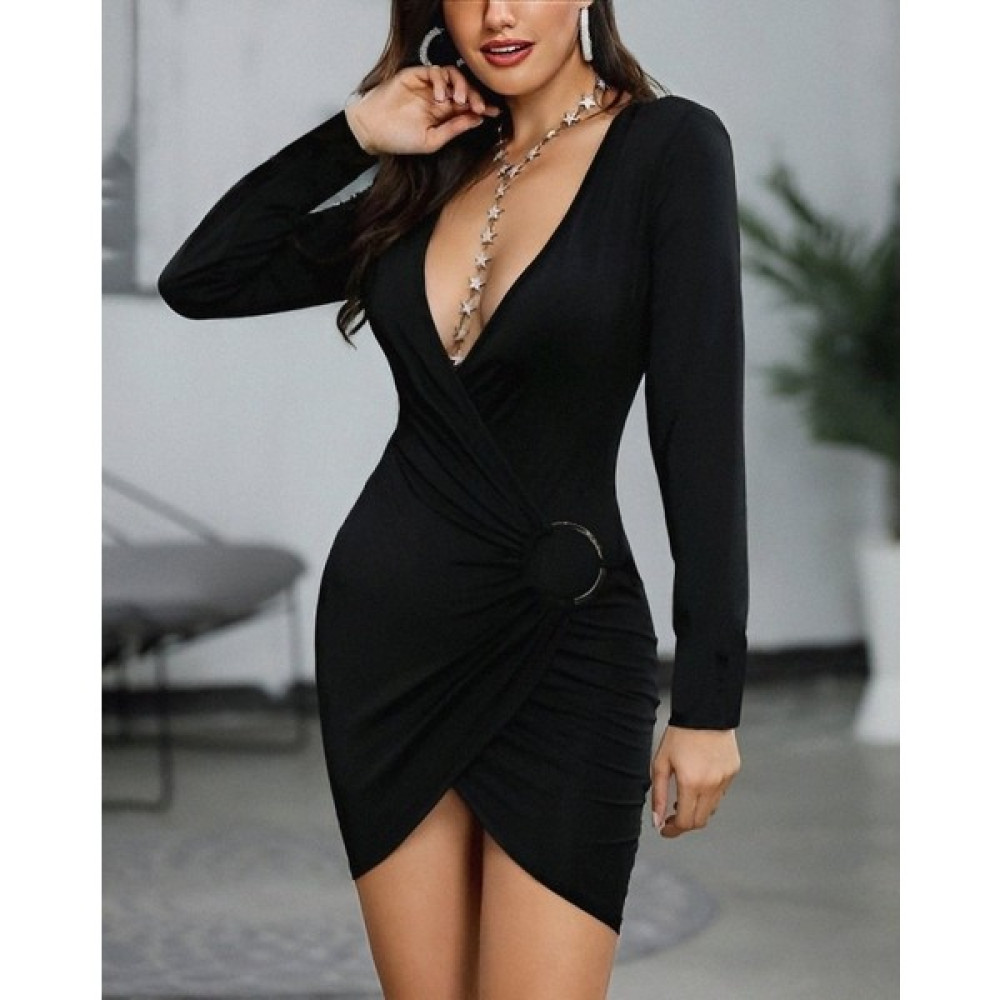Civarda Moda Uzun Kollu Yaka Ve Etek Ucu Kruvaze Belde Aksesuar Detay Sandy Mini Elbise Elbise Fiyatı