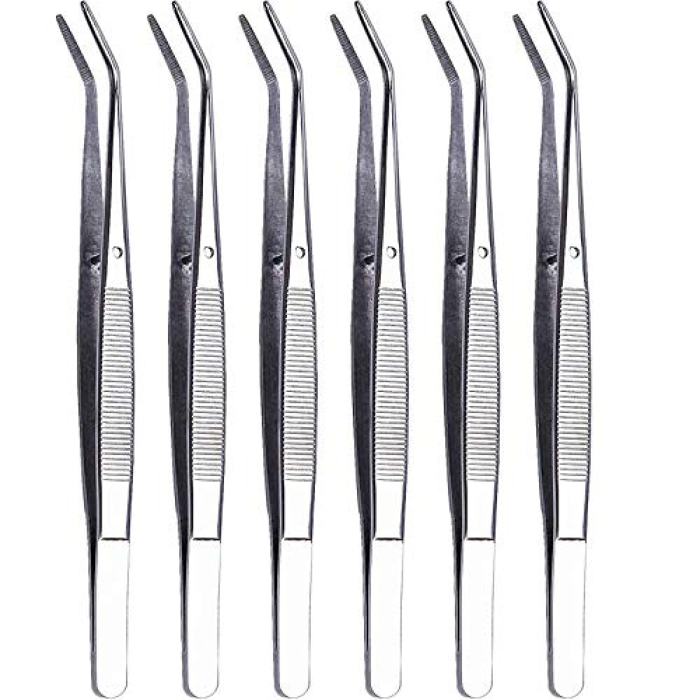 CiviLight 6 Pieces Sewing Machine Oil Tweezers - 6 Inch Long Curved Precision Stainless Steel Serger Tweezers for Craft With Serrated Bent Tips