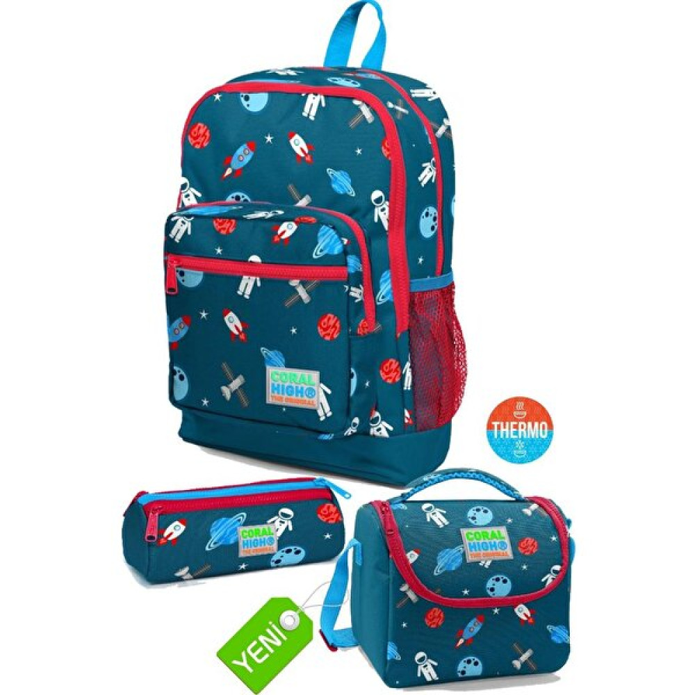 Civit Kırmızı Uzay Desenli Okul Sırt Çantası,thermo Beslenme,kalemlik, 3'lü Okul Set GO23116SET02 Okul Çantası Fiyatı