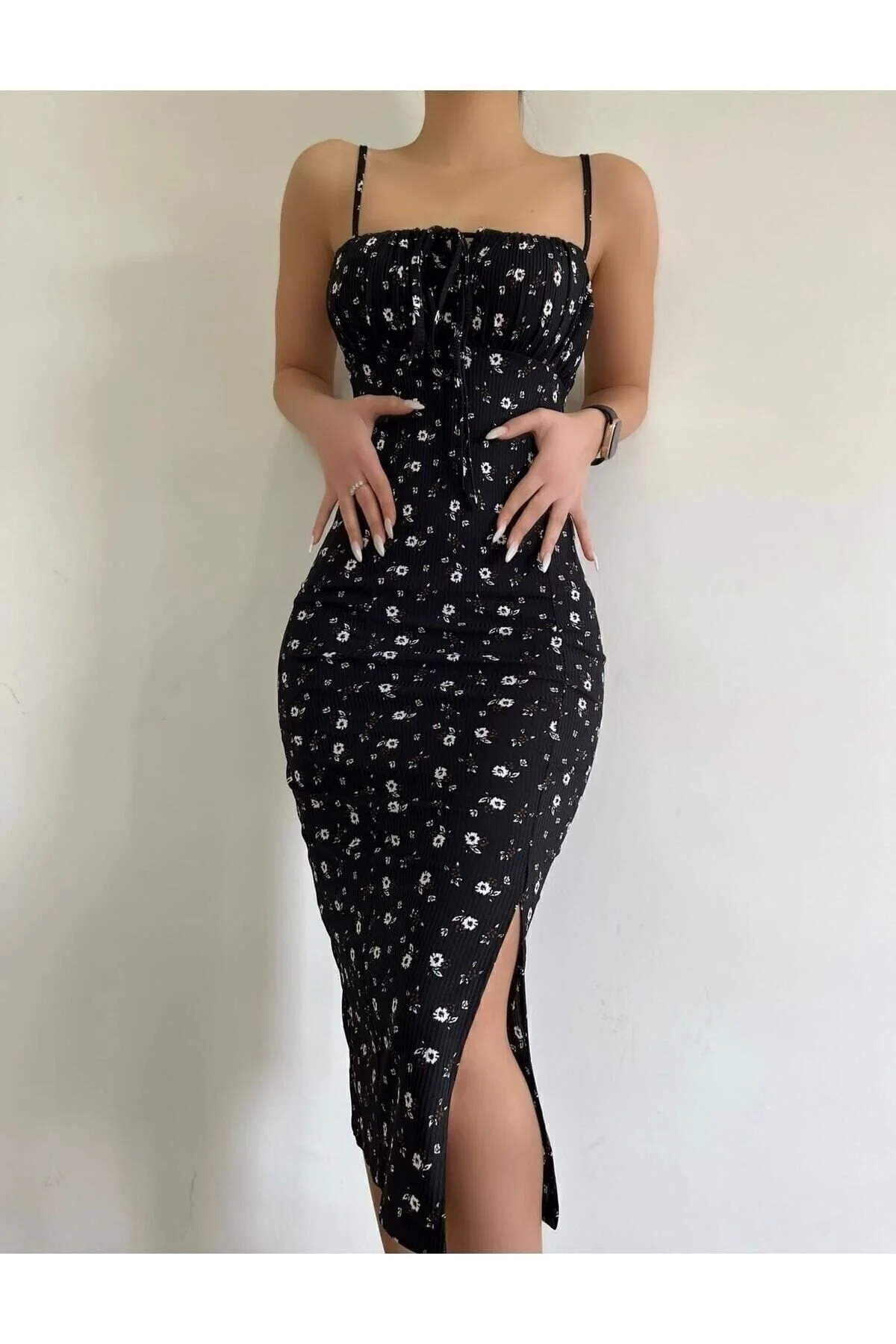 CİZA MODA Çiçek Desenli Eteği Yırtmaçlı Askılı Günlük Uzun Elbise S Beden" Elbise Fiyatı
