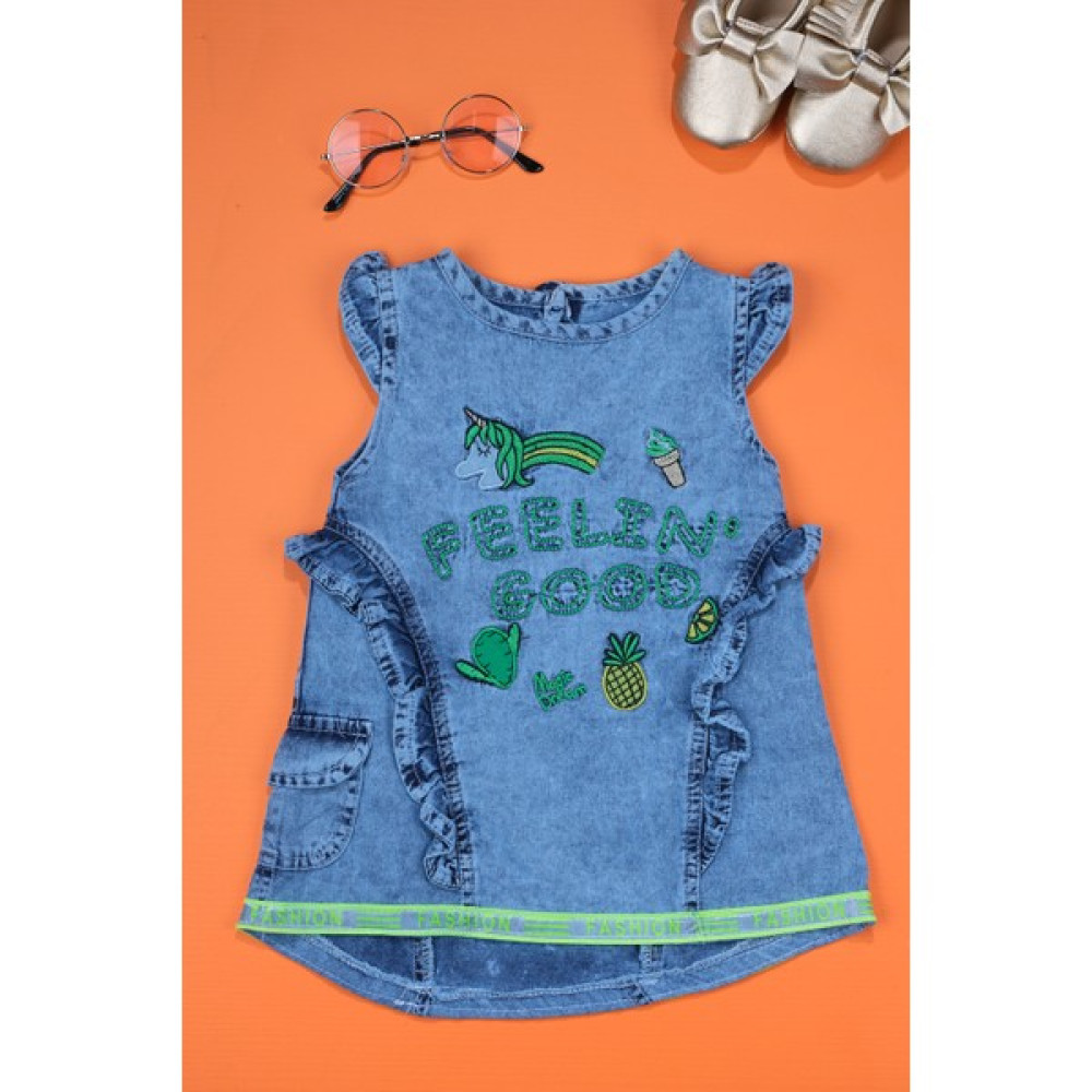 Çizgi Kids Kız Çocuk Nakış Işlemeli Neon Yeşil Detaylı Kot Elbise Bebek Elbisesi Fiyatı