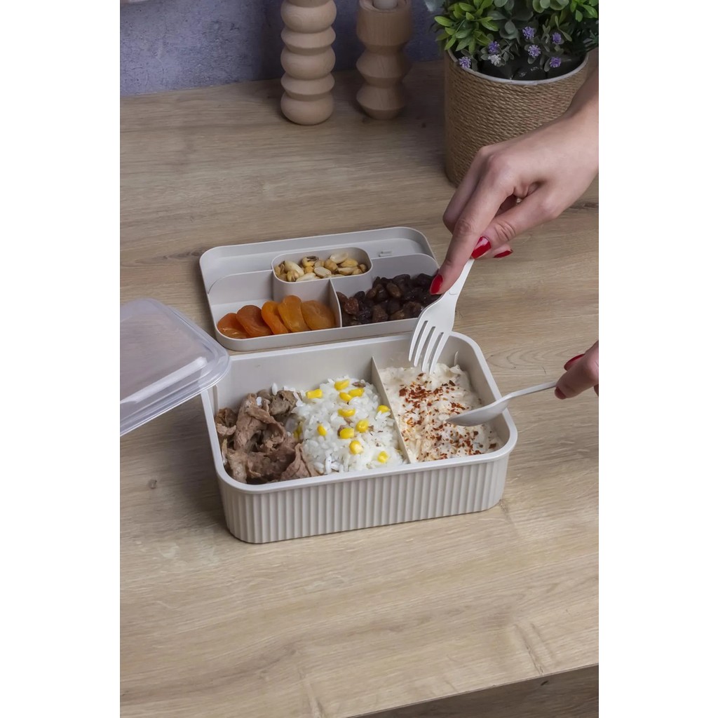 Çizgili 5 Bölmeli Beslenme Kutusu Çatal Kaşıklı Şeffaf Kapaklı Sızdırmaz Lunch Box Okul Ofis (1 Adet) - Bej Saklama Kapları Fiyatı