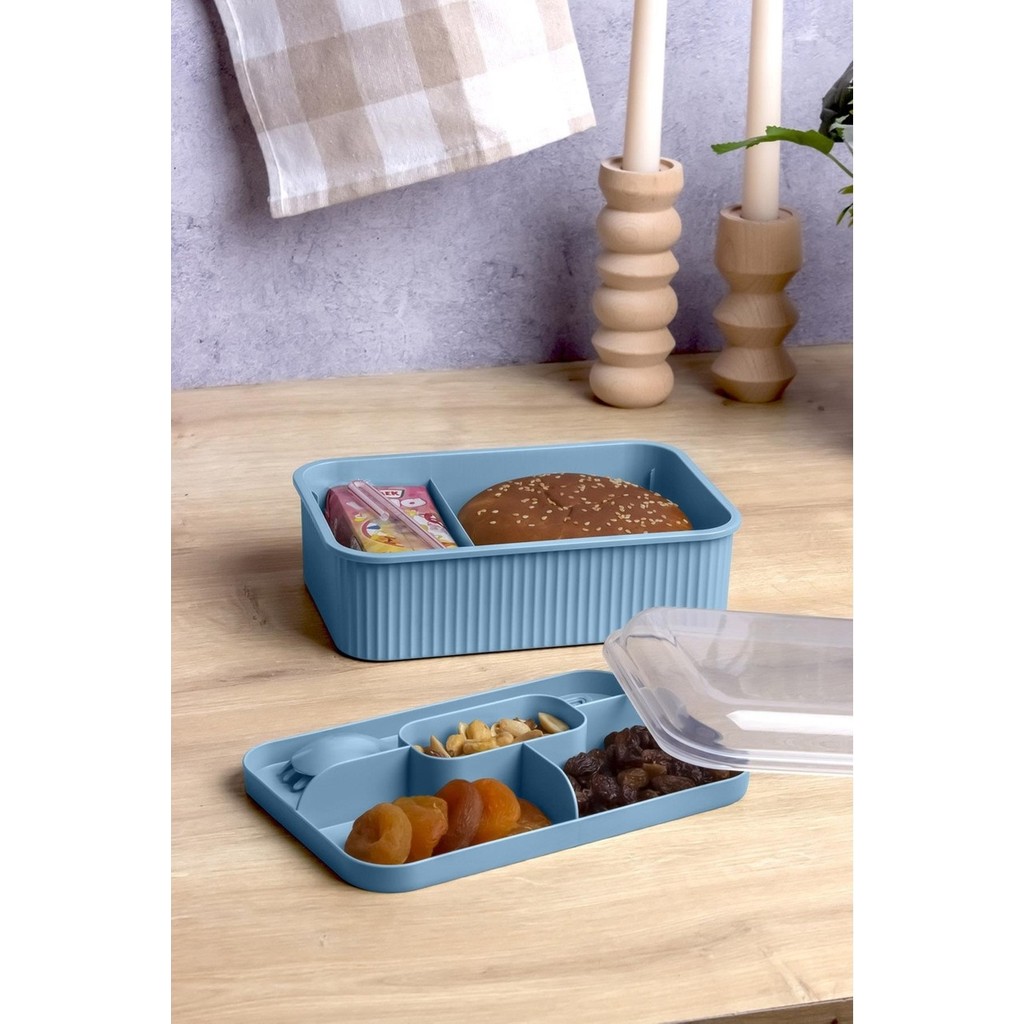 Çizgili 5 Bölmeli Beslenme Kutusu Çatal Kaşıklı Şeffaf Kapaklı Sızdırmaz Lunch Box Okul Ofis (1 Adet) - Mavi Saklama Kapları Fiyatı