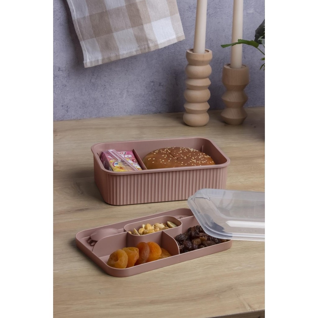 Çizgili 5 Bölmeli Beslenme Kutusu Çatal Kaşıklı Şeffaf Kapaklı Sızdırmaz Lunch Box Okul Ofis (1 Adet) - Pudra Saklama Kapları Fiyatı