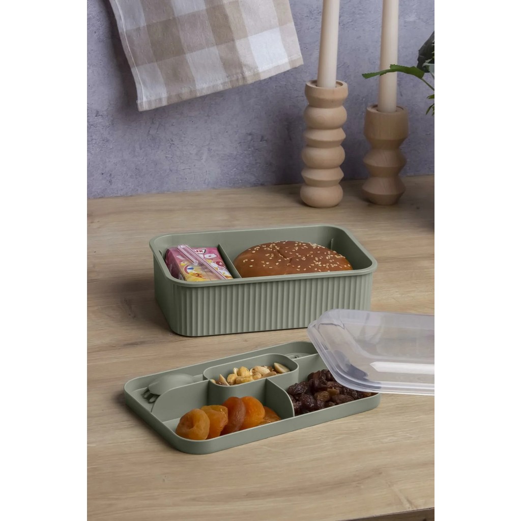 Çizgili 5 Bölmeli Beslenme Kutusu Çatal Kaşıklı Şeffaf Kapaklı Sızdırmaz Lunch Box Okul Ofis (1 Adet) - Yeşil Saklama Kapları Fiyatı