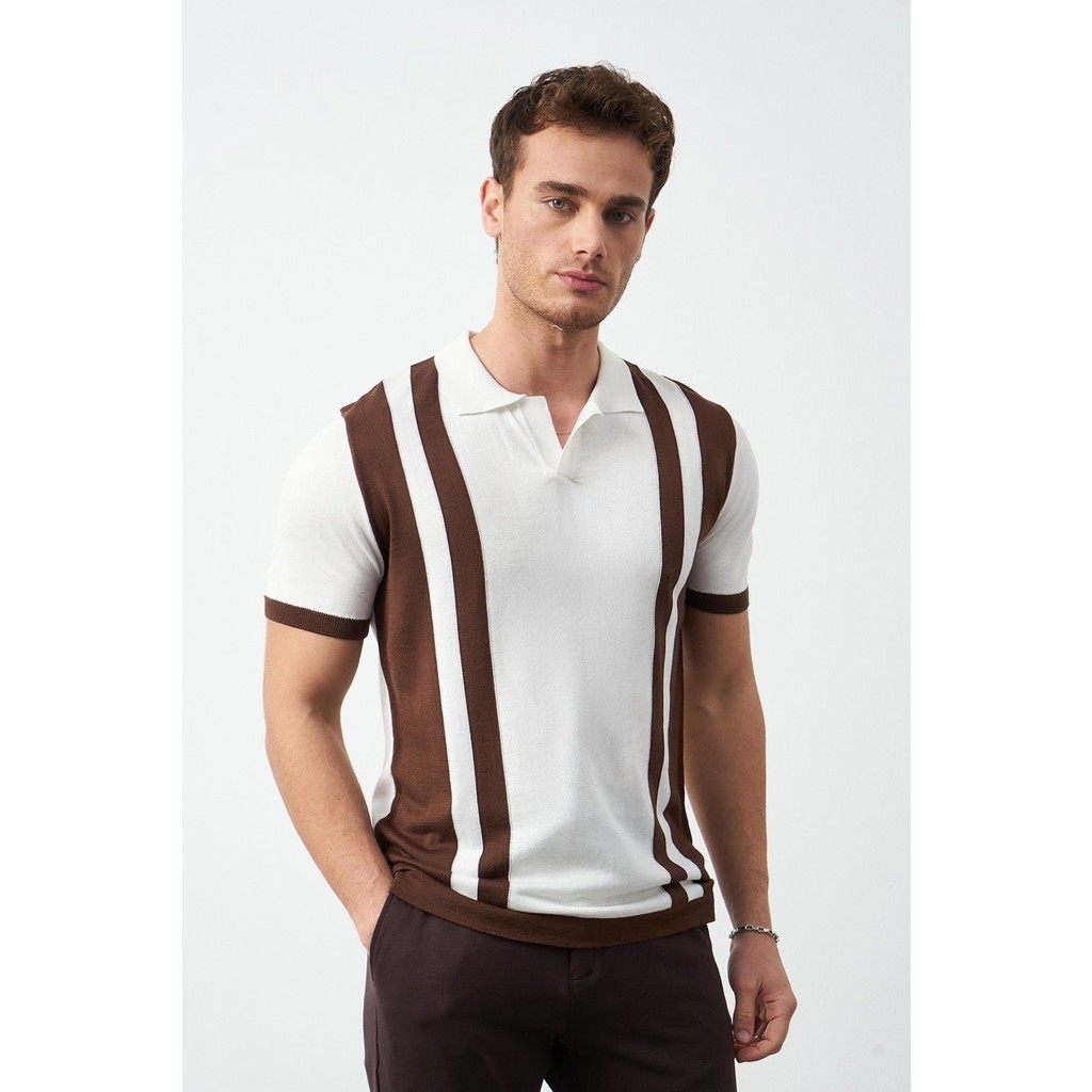 Çizgili Oversize Polo Yaka Triko Erkek T-Shirt Erkek Giyim Fiyatı