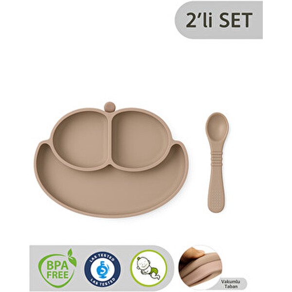 CKM Silikon 2li Bebek Mama Seti Silikon Bej -Vakumlu Bölmeli Tabak Diş Kaşıyıcı Özellikli Kaşık Çatal / Kaşık / Bıçak Takımları Fiyatı