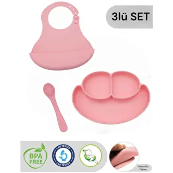 CKM Silikon 3lü Silikon Bebek Beslenme Seti Pembe Vakumlu Tabak Kaşık ve Mama Önlük Kolay Temizlenebilir Çatal / Kaşık / Bıçak Takımları Fiyatı