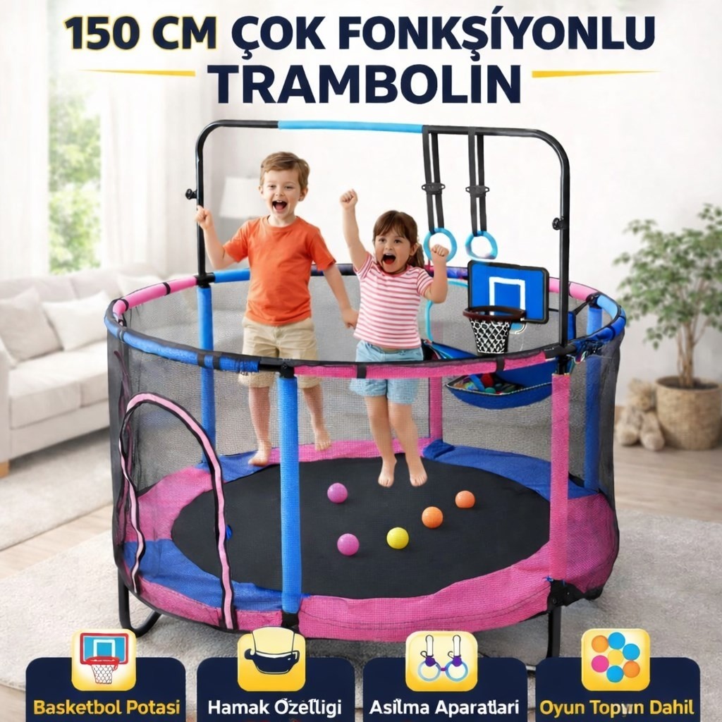 CKSpor 150 cm Çocuk Trambolini Fileli Büyük Boy Çok Fonksiyonlu Basket Potası ve Hamaklı Diğer Fiyatı