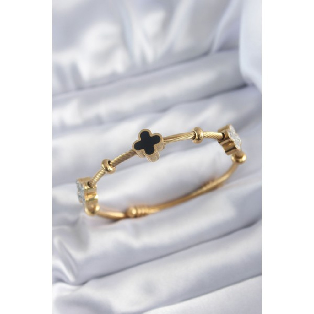 Clariss 316L Çelik Gold Renk Charm Model Yonca Figür Zirkon Taş Detay Kadın Bileklik Saat ve Bileklik Aksesuarı Fiyatı
