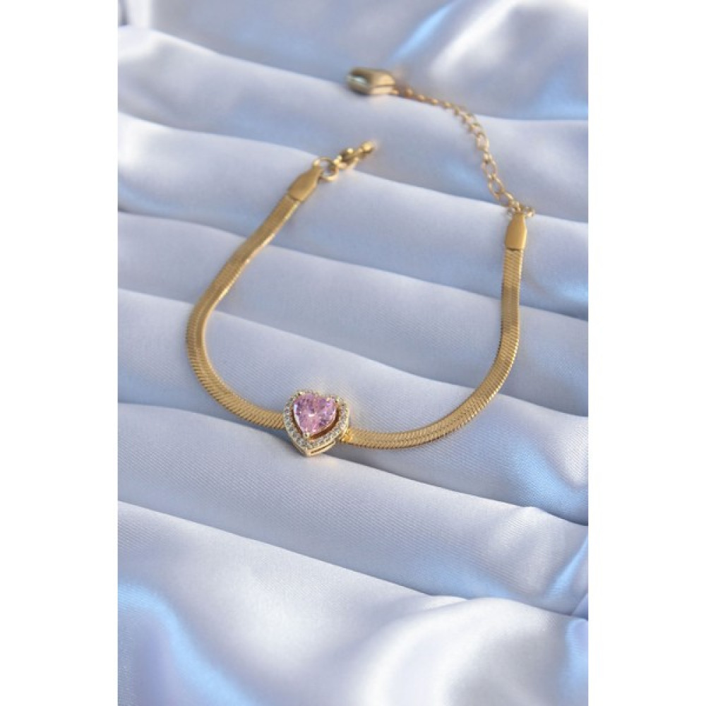 Clariss 316L Çelik Gold Renk Italyan Zincir Pembe Zirkon Taş Kalp Charm Model Kadın Bileklik Saat ve Bileklik Aksesuarı Fiyatı