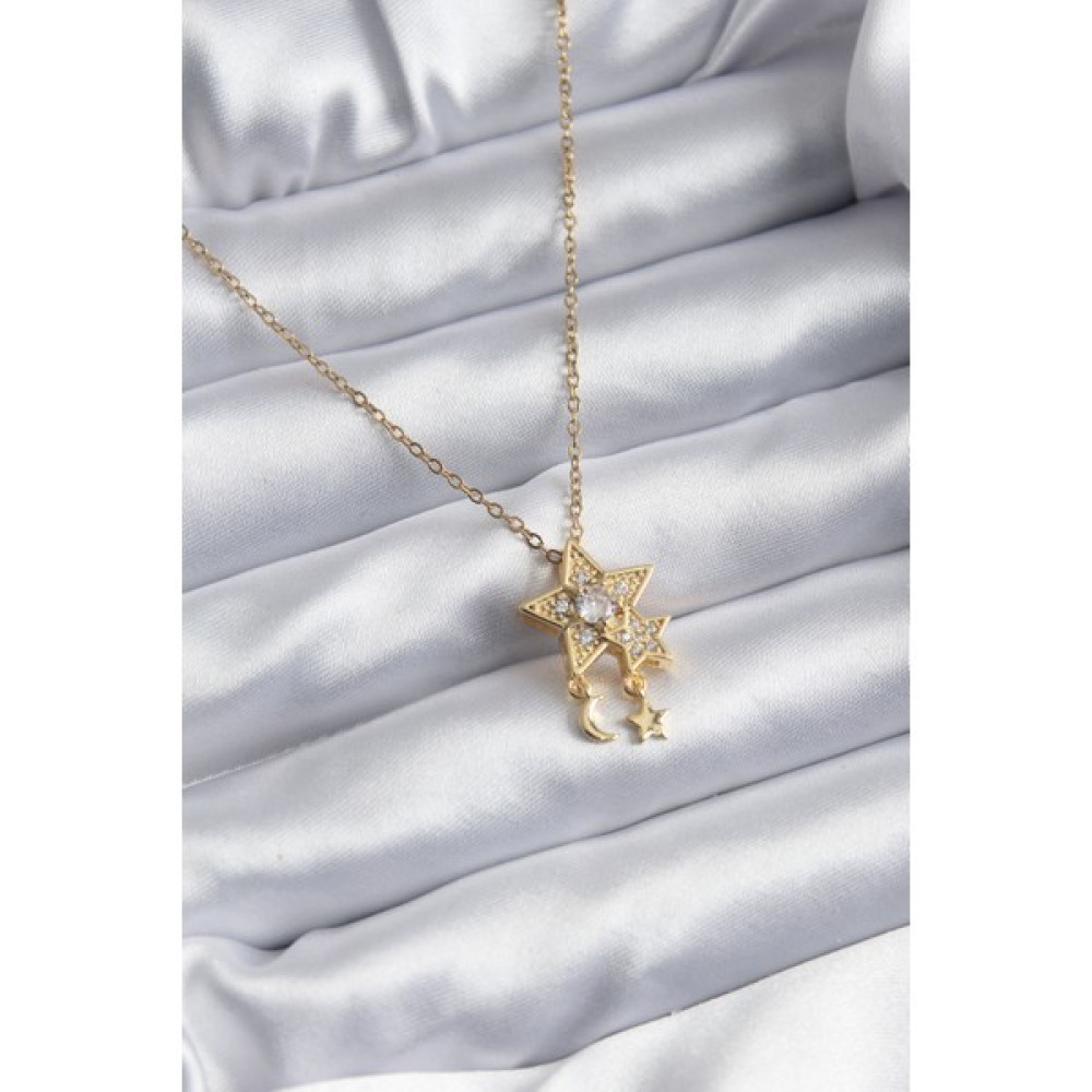 Clariss 316L Çelik Gold Renk Zirkon Taşlı Yıldız Model Ay Yıldız Sallantı Detay Kadın Kolye Gümüş Kolye Fiyatı