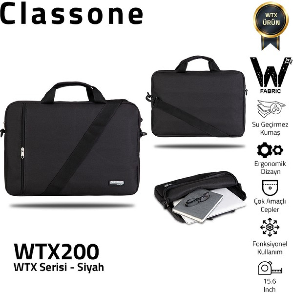 Classone WTX200  Wtxpro  Serisi 15.6 Inch Uyumlu Su Geçirmez Kumaş Macbook, Laptop , Notebook El Çantası- Siyah Dizüstü Bilgisayar Aksesuarları Fiyatı