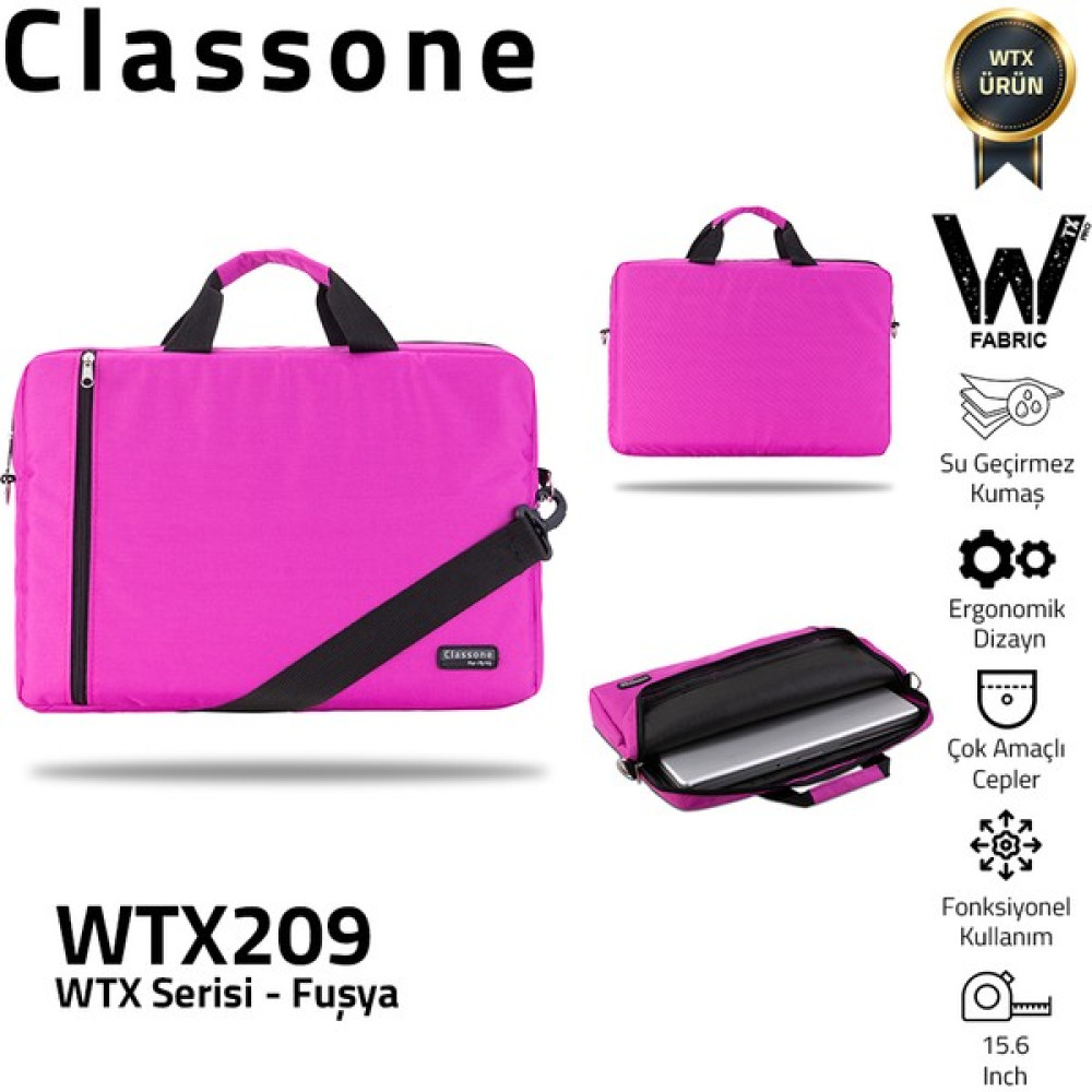 Classone WTX209 Wtxpro  Serisi  Su Geçirmez Kumaş 15.6 Inch Uyumlu Macbook, Laptop , Notebook  El Çantası- Fuşya Dizüstü Bilgisayar Aksesuarları Fiyatı