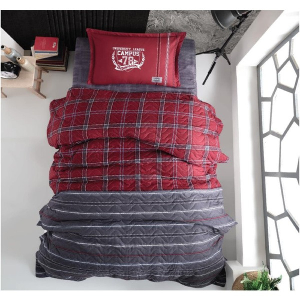 Clasy Aran Clasy Ranforce Tek Kişilik Dört Mevsim Set Campus V1 Bordo - 140 x 200 cm - Bordo - Lacivert Nevresim Takımı Fiyatı