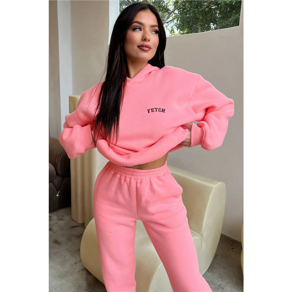 CLAYES Pembe Fetch Eşofman Takımı - Baskılı Oversize Kapüşonlu Şardonlu XL Beden Kadın Eşofman Fiyatı