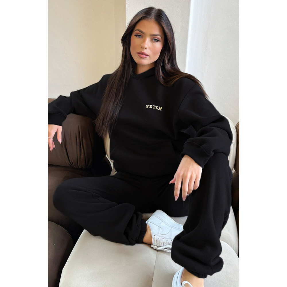 CLAYES Siyah Fetch Eşofman Takımı - Baskılı Oversize Kapüşonlu Şardonlu XL Beden Kadın Eşofman Fiyatı