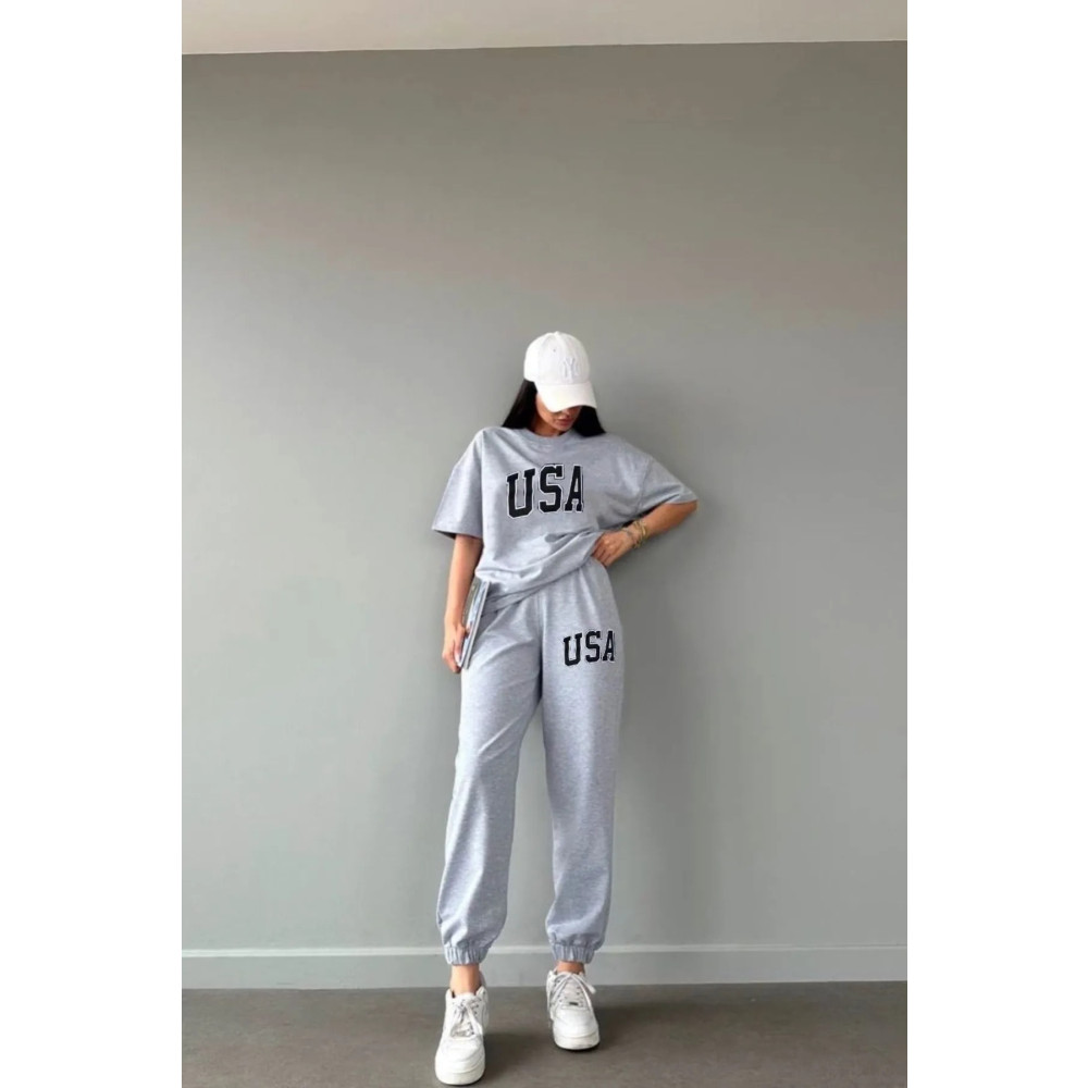 CLAYES Usa T-shirt Eşofman Altı Jogger- Gri Baskılı Alt Üst Eşofman Takım Oversize Bisiklet Yaka S Beden Kadın Eşofman Fiyatı