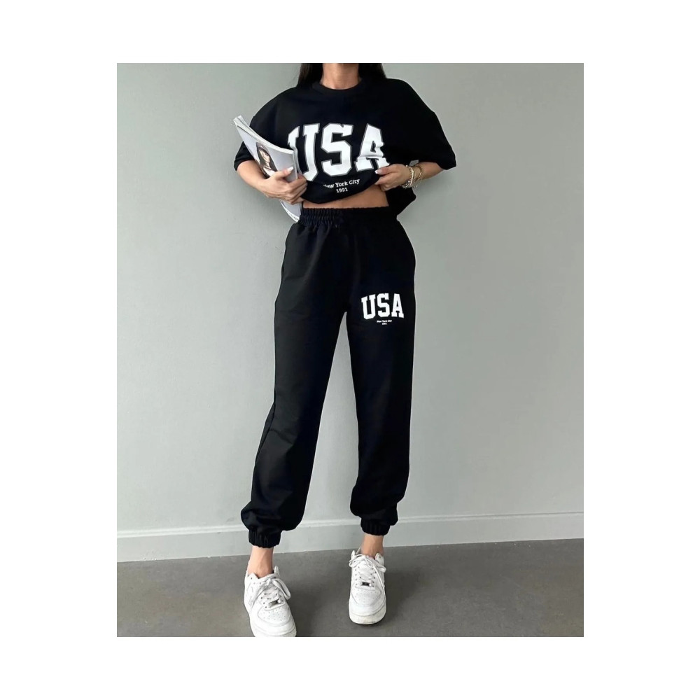 CLAYES Usa T-shirt Eşofman Altı Jogger- Siyah Baskılı Alt Üst Eşofman Takım Oversize Bisiklet Yaka XL Beden Kadın Eşofman Fiyatı