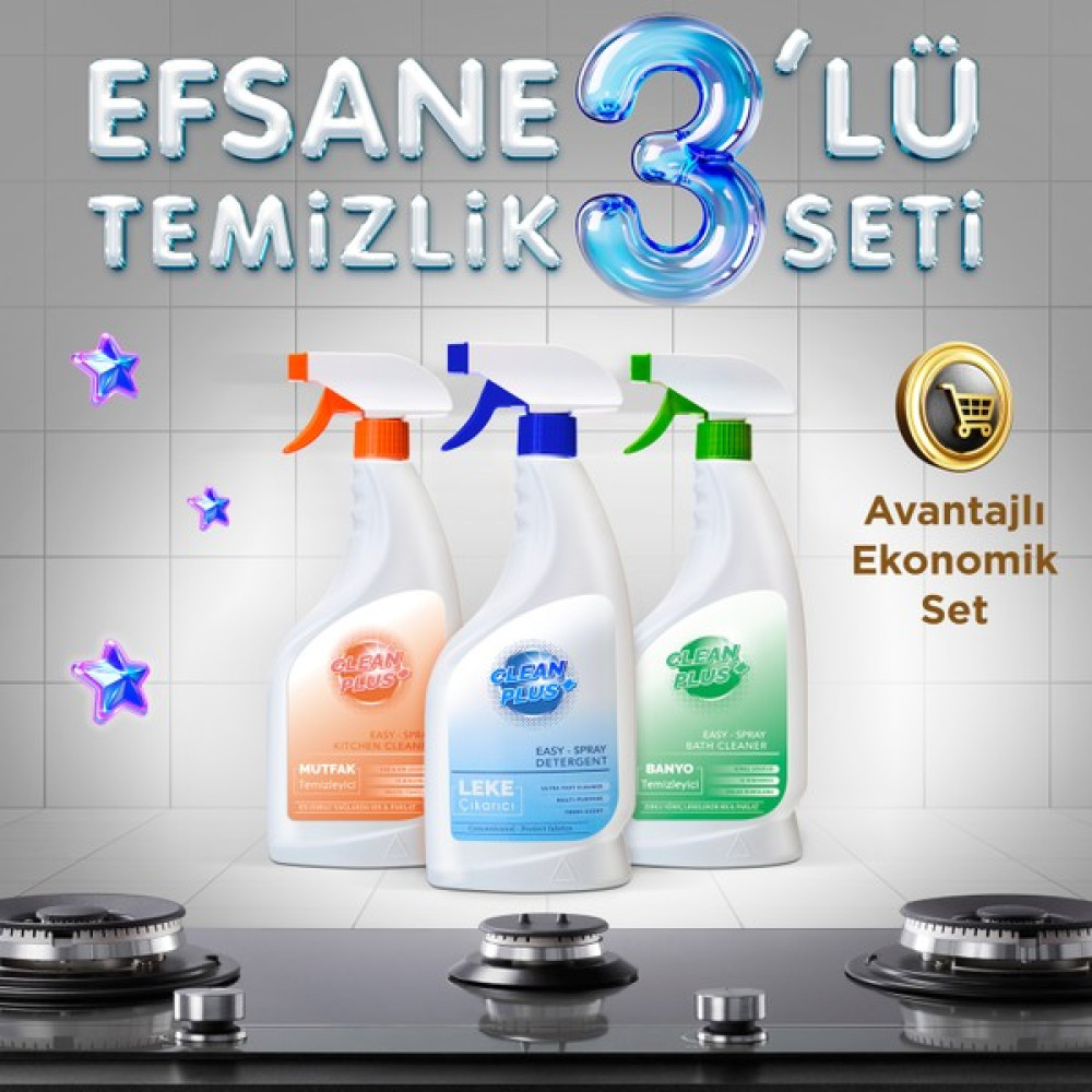 Clean Plus+ Efsane 3'lü Temizlik Seti Mutfak Temizleyici, Leke Çıkarıcı ve Banyo Temizleyici - 2250 ml Parlatıcı ve Temizleyiciler Fiyatı