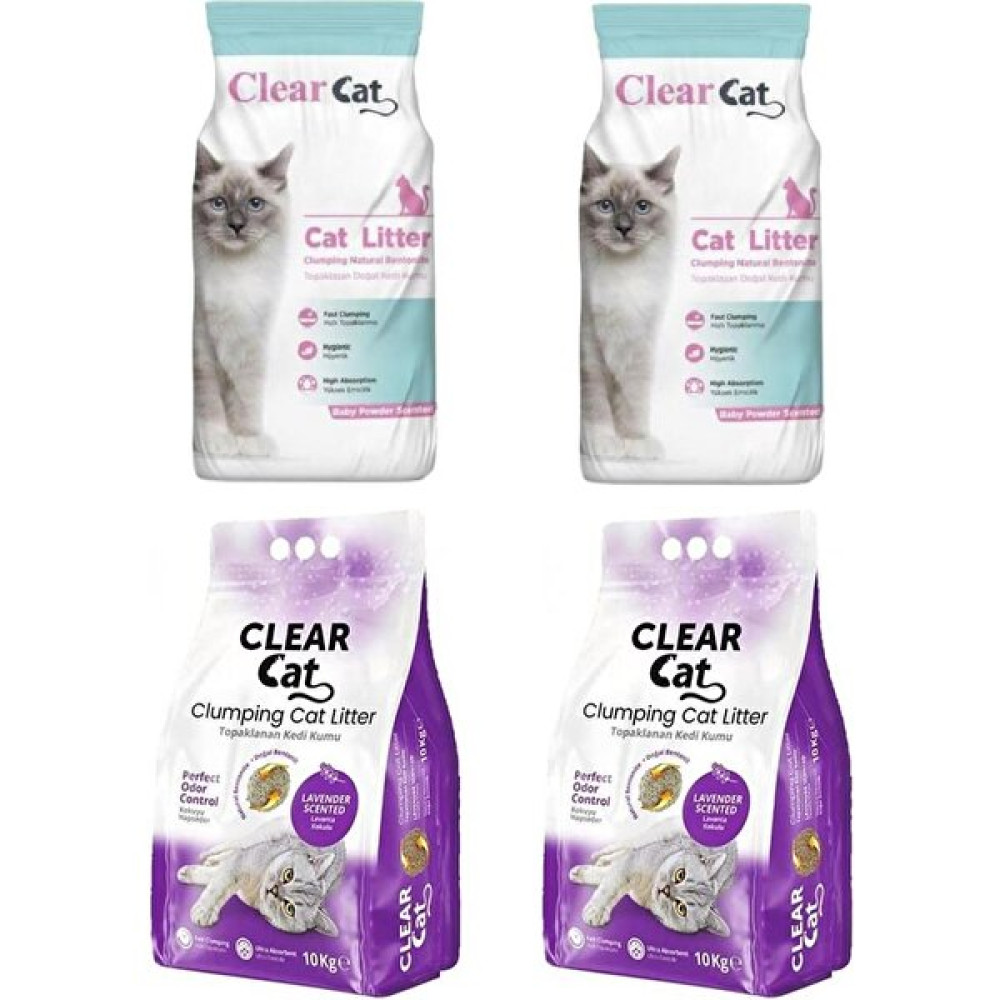 Clear Cat Clearcat Lavantalı Topak Bento Kedi Kumu Ince 10 Kg 2 Adet + Pudralı Bentonit Kedi Kumu Ince 10 Kg 2 Adet Evcil Hayvan Ürünleri Fiyatı
