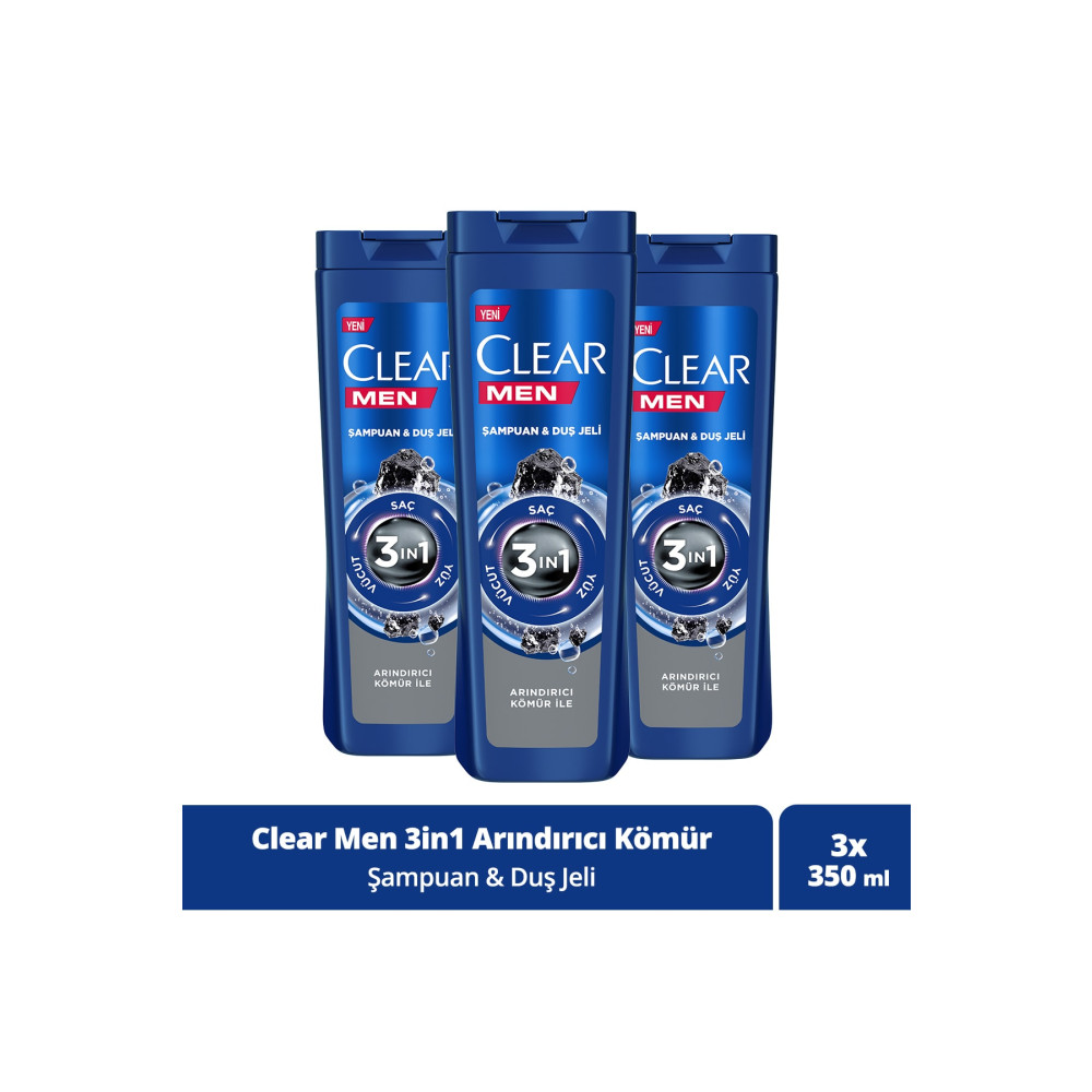 Clear Men 3 In 1 Şampuan & Duş Jeli Arındırıcı Kömür Saç Yüz Vücut Için 350 Ml X3 Adet Şampuan ve Saç Kremi Fiyatı
