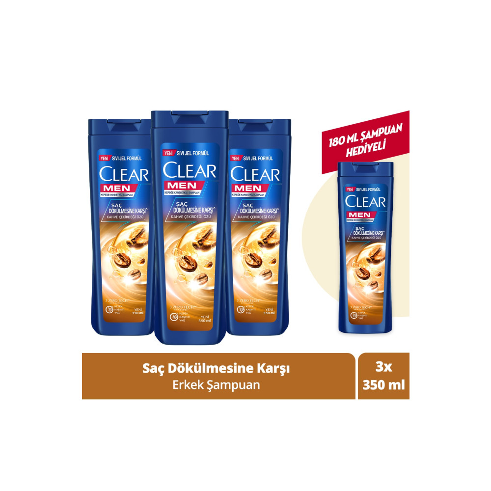 Clear Men Kepeğe Karşı Etkili Şampuan Saç Dökülmesine Karşı Kahve Çekirdeği Özü 350 Ml X3 + 180 Ml Şampuan ve Saç Kremi Fiyatı