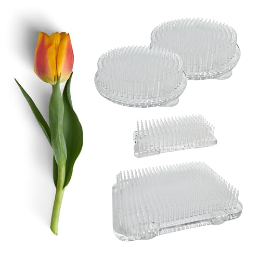 Clear Plastic Floral Frog with Stable Suction Cups, 4-Pack Pins - Circular & Rectangular Shapes for Secure Flower Arrangements