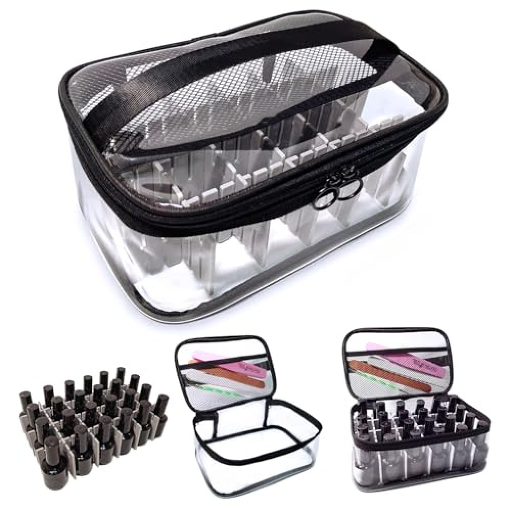Clear PVC Nail Polish Organizer - Holds 24 Bottles, Portable Travel Case with Attached Nail Tool Organizer (Black)