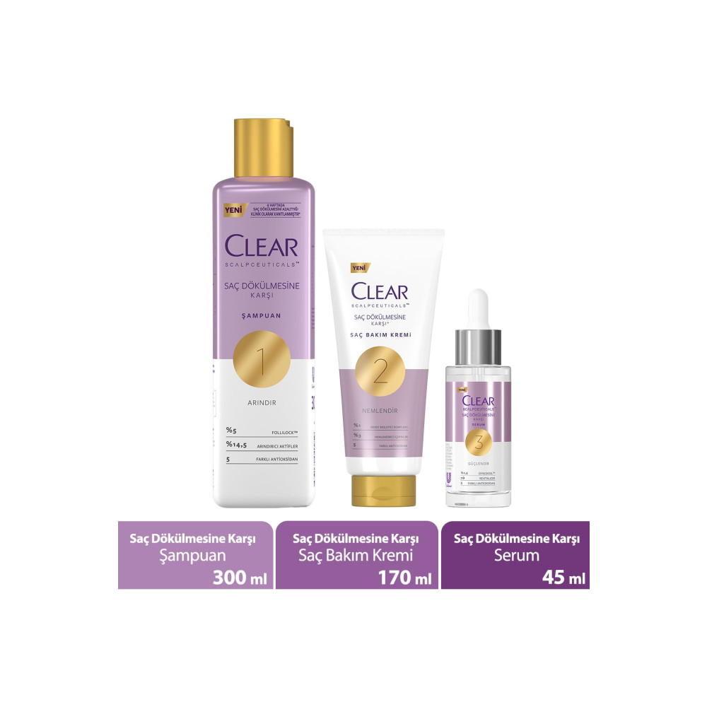 Clear Scalpceuticals Saç Dökülmesine Karşı Şampuan 300 Ml + Saç Bakım Kremi 170 Ml + Serum 45 Ml Şampuan ve Saç Kremi Fiyatı