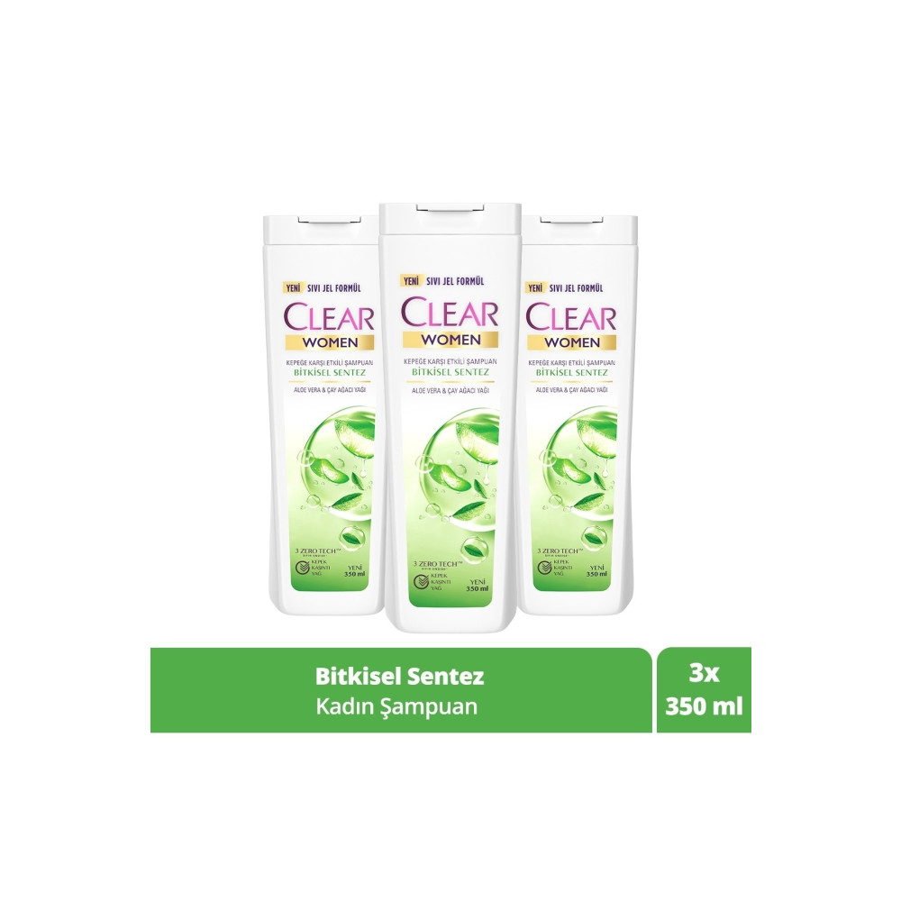 Clear Women Kepeğe Karşı Etkili Şampuan Bitkisel Sentez Aloe Vera & Çay Ağacı Yağı 350 ml x3 Adet Şampuan ve Saç Kremi Fiyatı