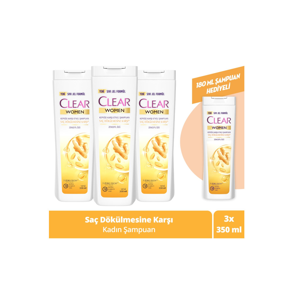 Clear Women Kepeğe Karşı Etkili Şampuan Saç Dökülmesine Karşı Zencefil Özü 350 ml X3 + 180 ml Şampuan ve Saç Kremi Fiyatı
