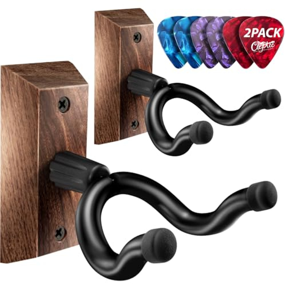 ClefArc Guitar Wall Mount 2 Pack, Black Walnut Guitar Wall Hangers, Guitar Picks, Pick Holder, Guitar Accessories, U-Shape Hardwood Guitar Hanger, Gifts for Guitarists, with 6 Assorted Guitar Picks