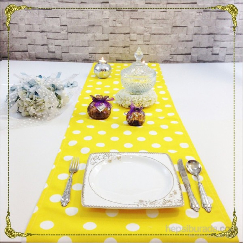 Clemensi Dekorluk Sarı Beyaz Puantiyeli Runner - 150 x 45 cm Masa Örtüsü Fiyatı