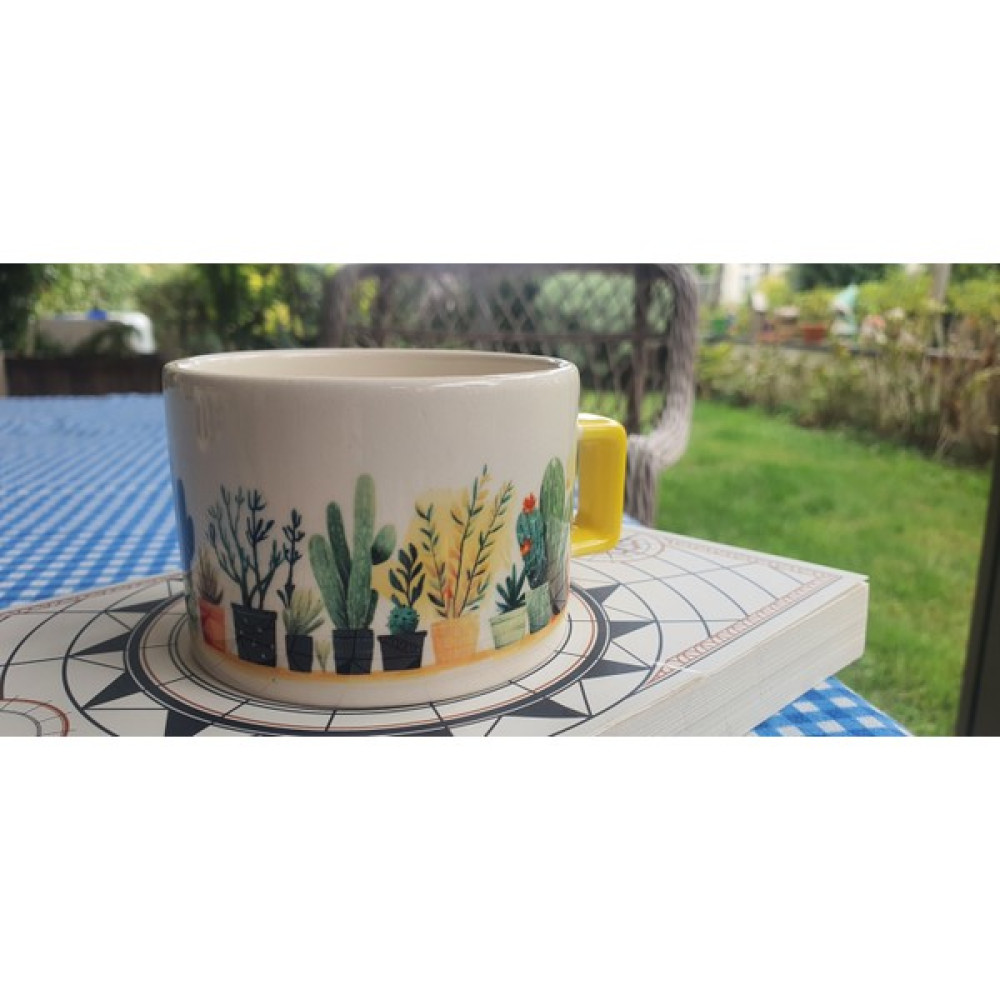 Clicksy Kaktüs Desenli Seramik Kupa - Sarı Kulp Detaylı Modern Bitki Temalı Kupa - 299 ml - Krem Oto Boyaları Fiyatı