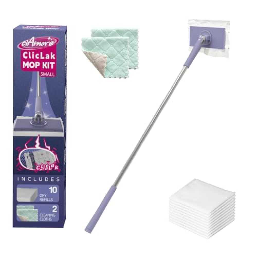 ClicLak Mini Sweeper, Instantly Attach & Remove Cloth Without Touch, Small Clamp Clip Duster with 10 Cleaning Pads, Dry and Wet Easy Use for Kitchen Bathroom Wall Mirrors
