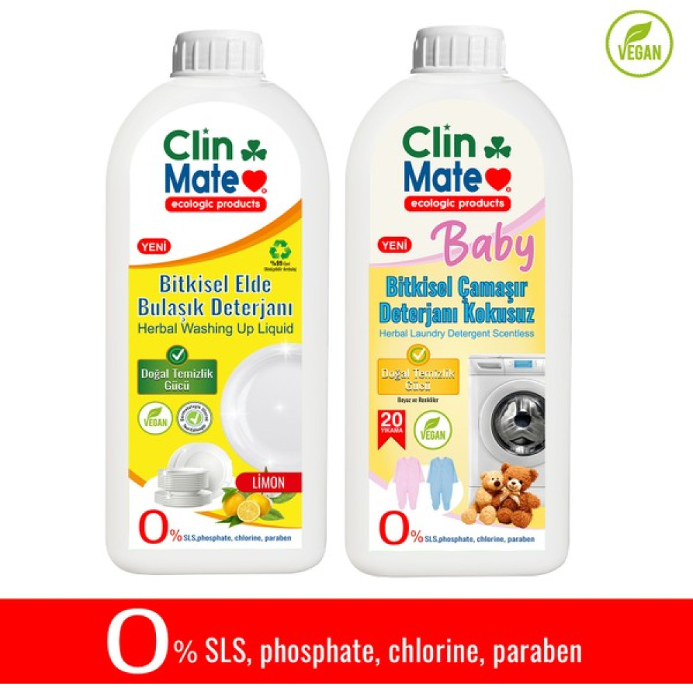 Clinmate 2'li Set Bitkisel Elde Bulaşık Deterjanı Limon + Bebek Çamaşır Deterjanı 750 ml 20 Yıkama - 1,5 lt Bulaşık Yıkama Fiyatı