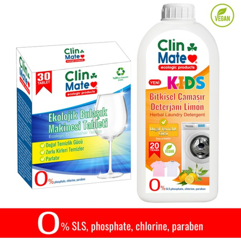 Clinmate 2'li Set Ekolojik Bulaşık Tableti 30 Tablet + Bitkisel Çocuk Çamaşır Deterjanı 750 ml 20 Yıkama Bulaşık Yıkama Fiyatı