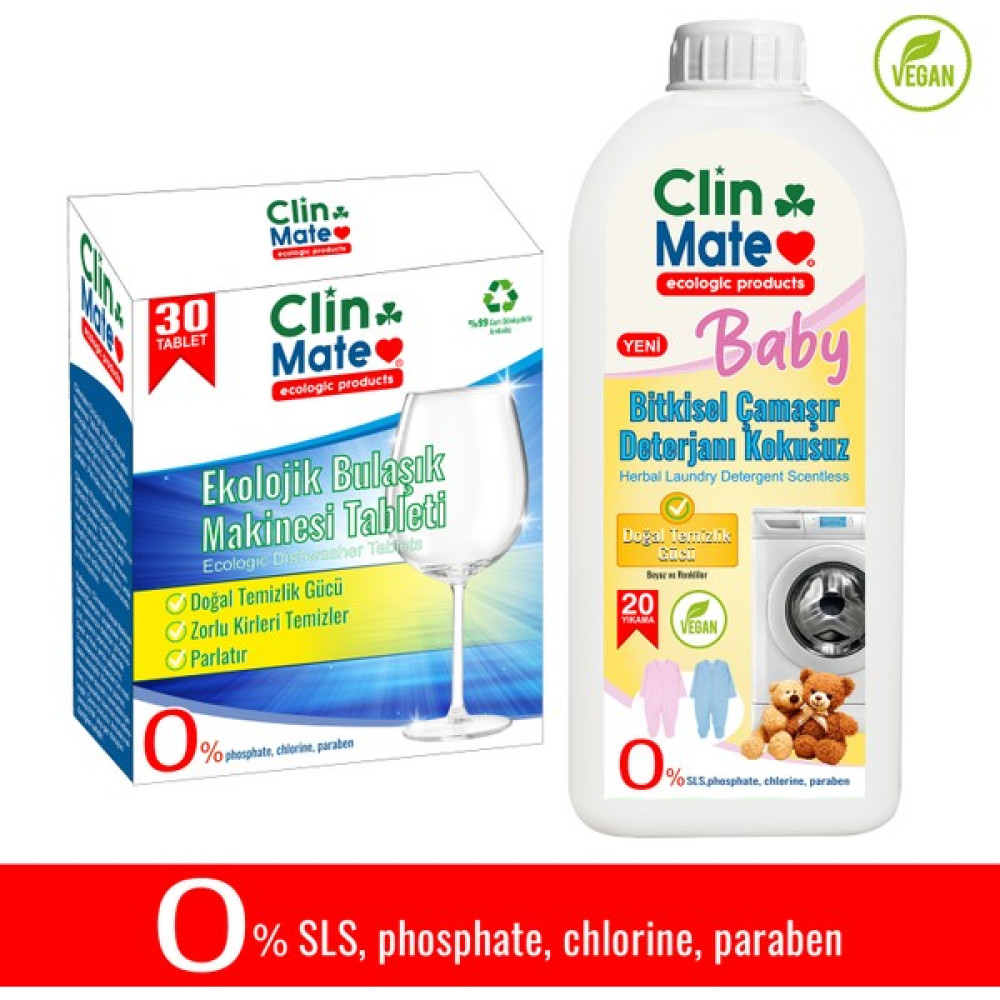 Clinmate 2'li Set Ekolojik Bulaşık Tableti 30'lu + Bitkisel Bebek Çamaşır Deterjanı Kokusuz 750 ml 20 Yıkama Bulaşık Yıkama Fiyatı