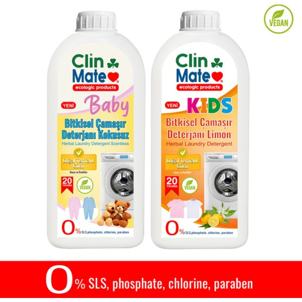 Clinmate 2'li Set Yeni Baby Bitkisel Bebek Çamaşır Deterjanı Kokusuz + Çocuk Deterjanı Limon 750 ml 40 Yk - 1,5 lt Çamaşır Yıkama Fiyatı