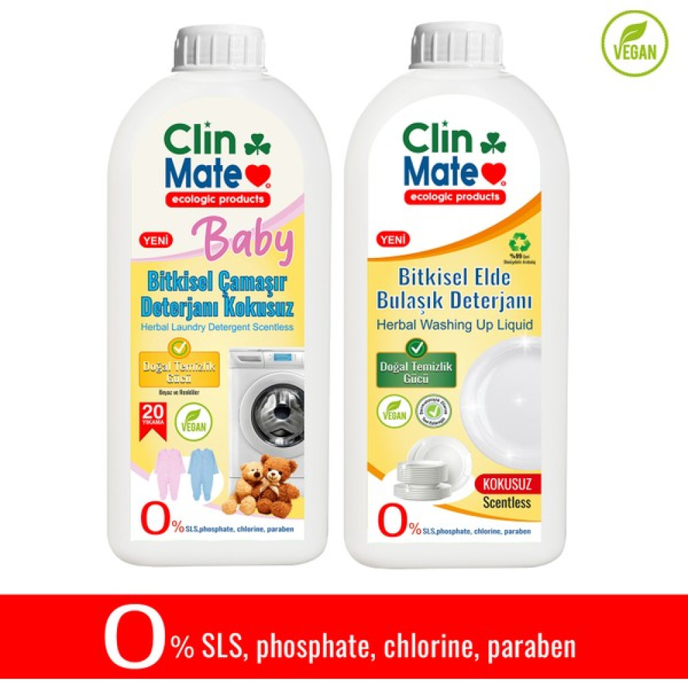 Clinmate 2'li Set Yeni Baby Bitkisel Bebek Çamaşır Deterjanı Kokusuz + Elde Bulaşık Deterjanı Kokusuz 750 ml - 1,5 lt Çamaşır Yıkama Fiyatı