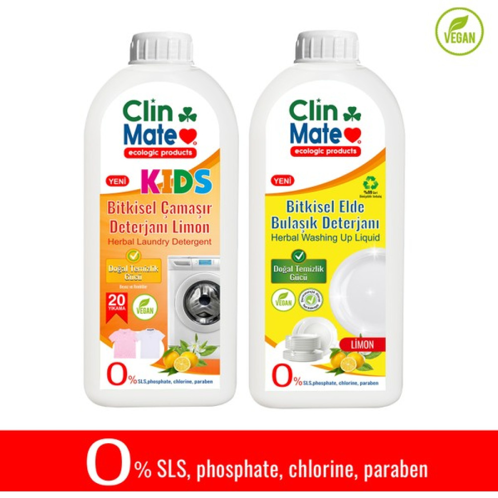 Clinmate 2'li Set Yeni Kids Bitkisel Çocuk Deterjanı Limon 750 ml 20 Yıkama + Elde Bulaşık Limon 750 ml - 1,5 lt Çamaşır Deterjanı Fiyatı