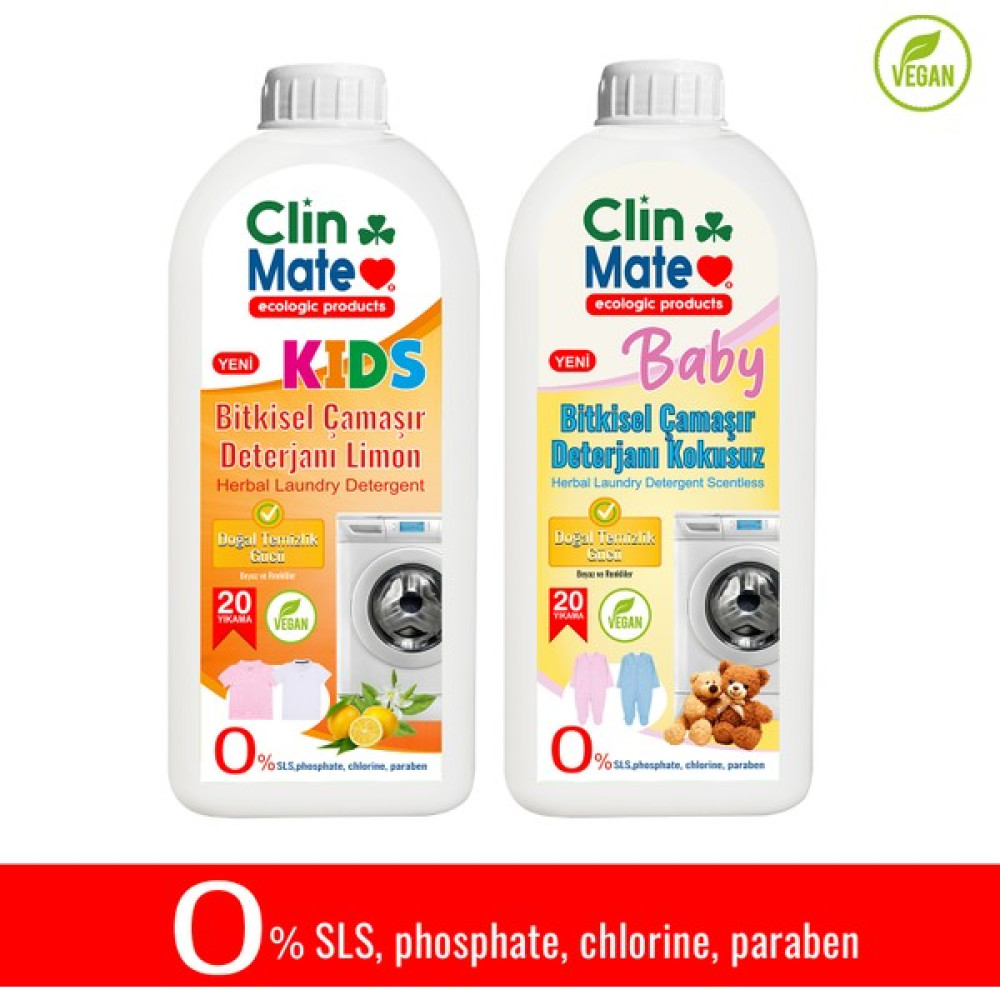 Clinmate 2'li Set Yeni Kids Bitkisel Çocuk Deterjanı Limon 750 ml 20 Yk + Bebek Deterjanı 750 20 Yk - 1,5 lt Çamaşır Deterjanı Fiyatı