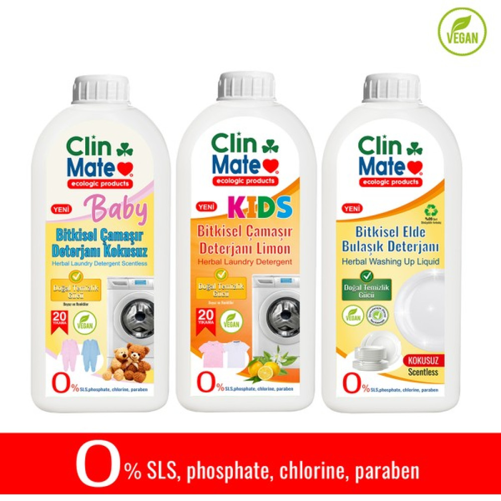 Clinmate 3'lü Set Baby Bitkisel Bebek Çamaşır Deterjanı Kokusuz+ Çocuk Deterjanı + Eldebulaşık Kokusuz 750 ml - 2,25 lt Çamaşır Yıkama Fiyatı