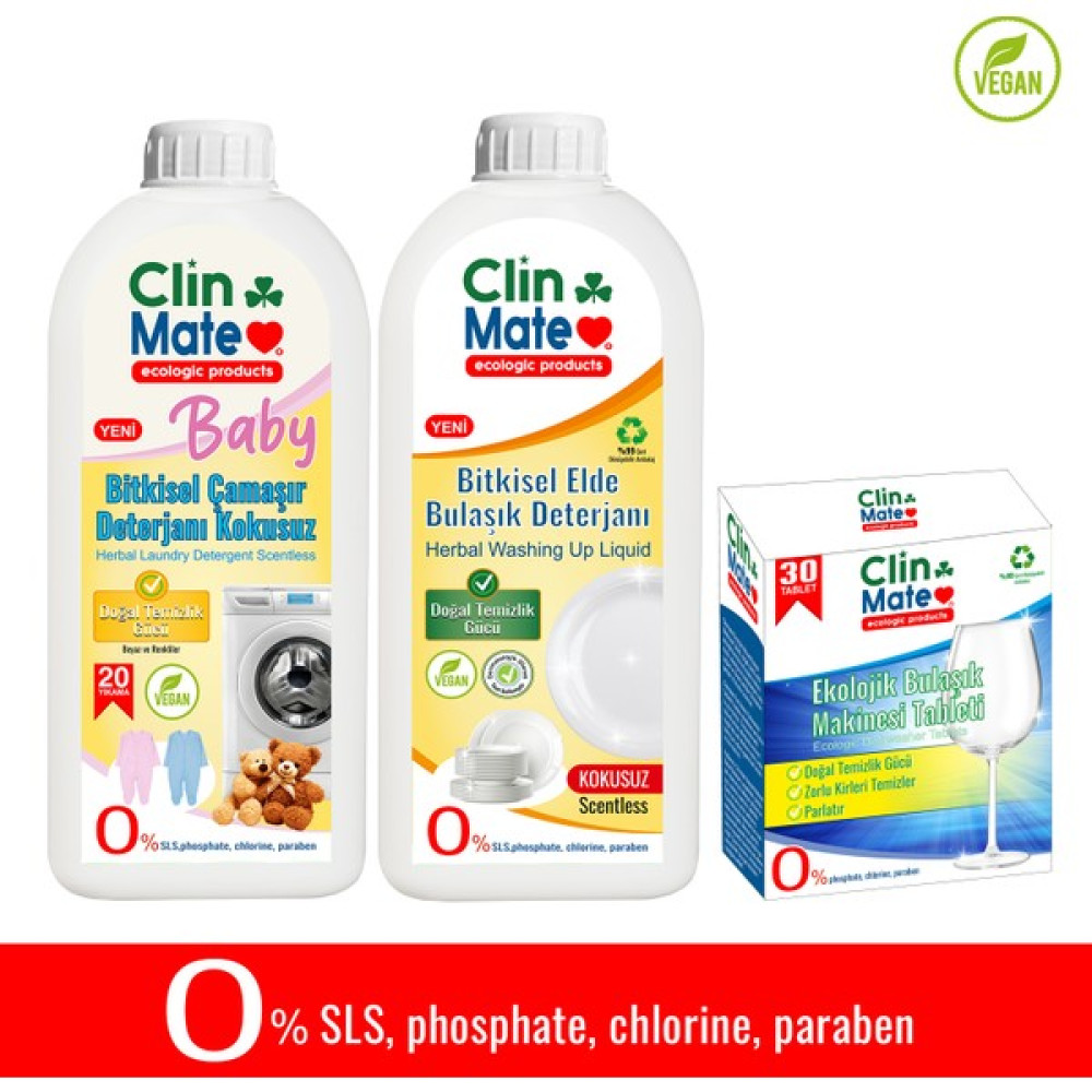 Clinmate 3'lü Set Baby Bitkisel Bebek Çamaşır Deterjanı Kokusuz+ Ekolojik Bulaşık Tableti +Elde Bulaşık Limon - 1,5 lt Çamaşır Yıkama Fiyatı