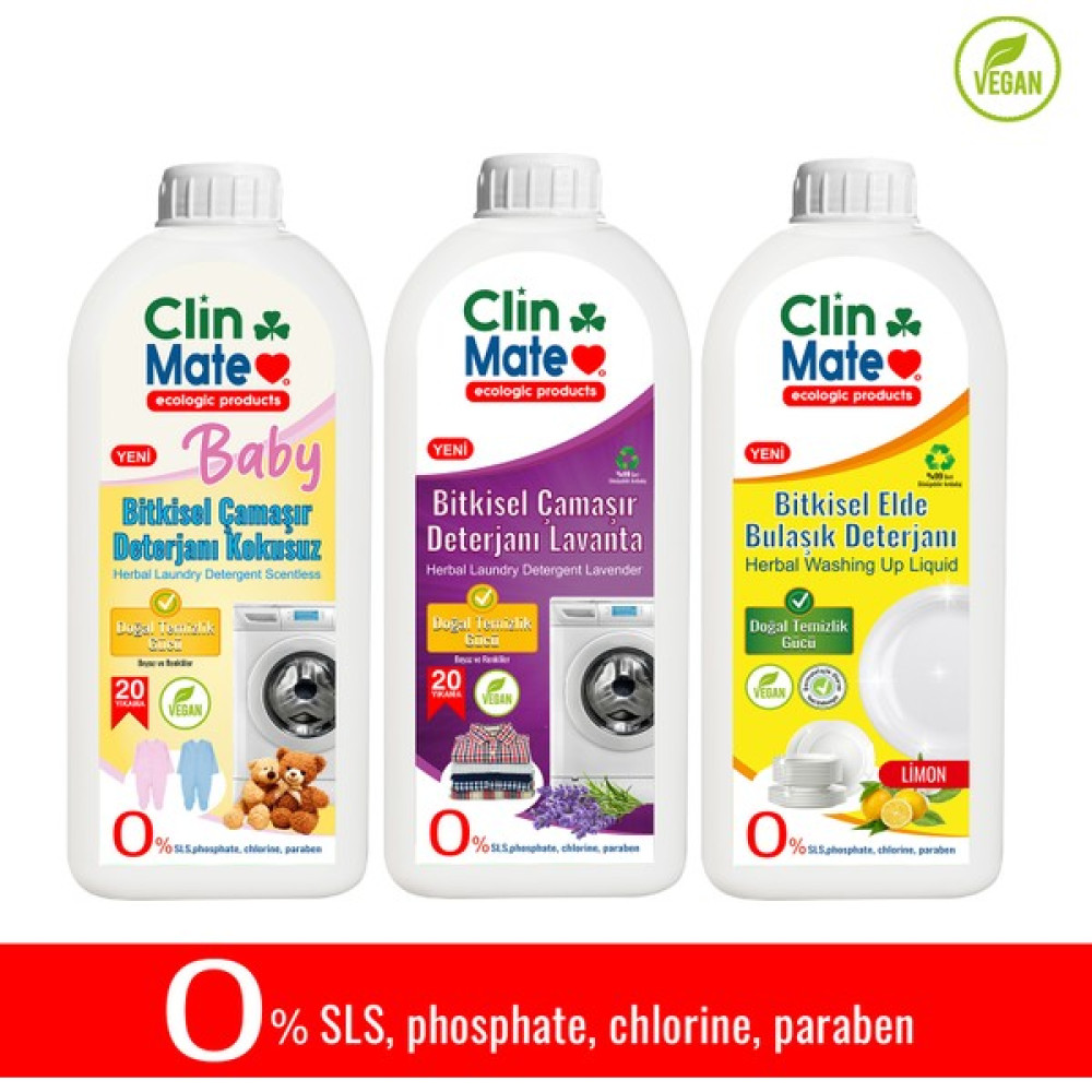 Clinmate 3'lü Set Baby Bitkisel Bebek Çamaşır Deterjanı Kokusuz+ Lavanta Deterjan + Elde Bulaşık Limon 750 ml - 2,25 lt Çamaşır Yıkama Fiyatı
