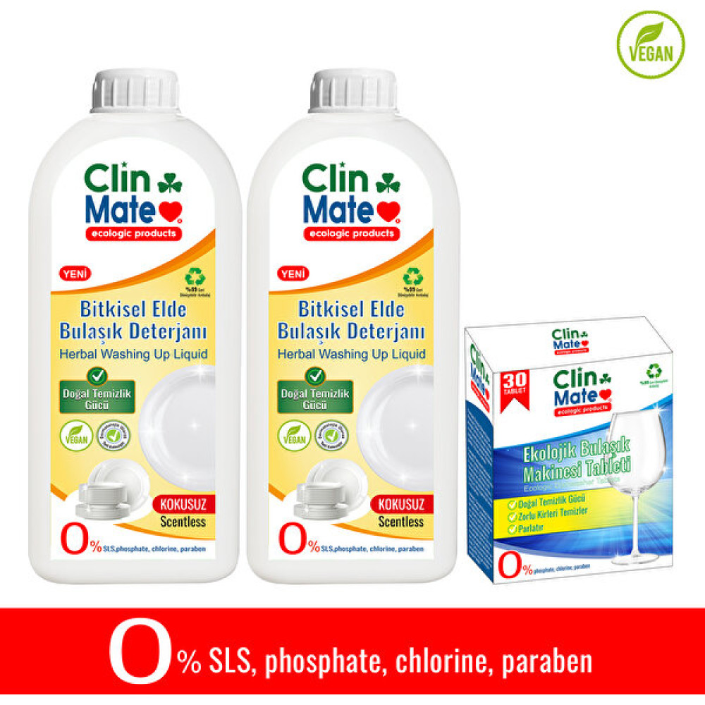 Clinmate 3'lü Set Bitkisel Bebek Elde Bulaşık Deterjanı Kokusuz 750 ml 2 Adet+ Ekolojik Bulaşık Tableti - 1,5 lt Bulaşık Yıkama Fiyatı