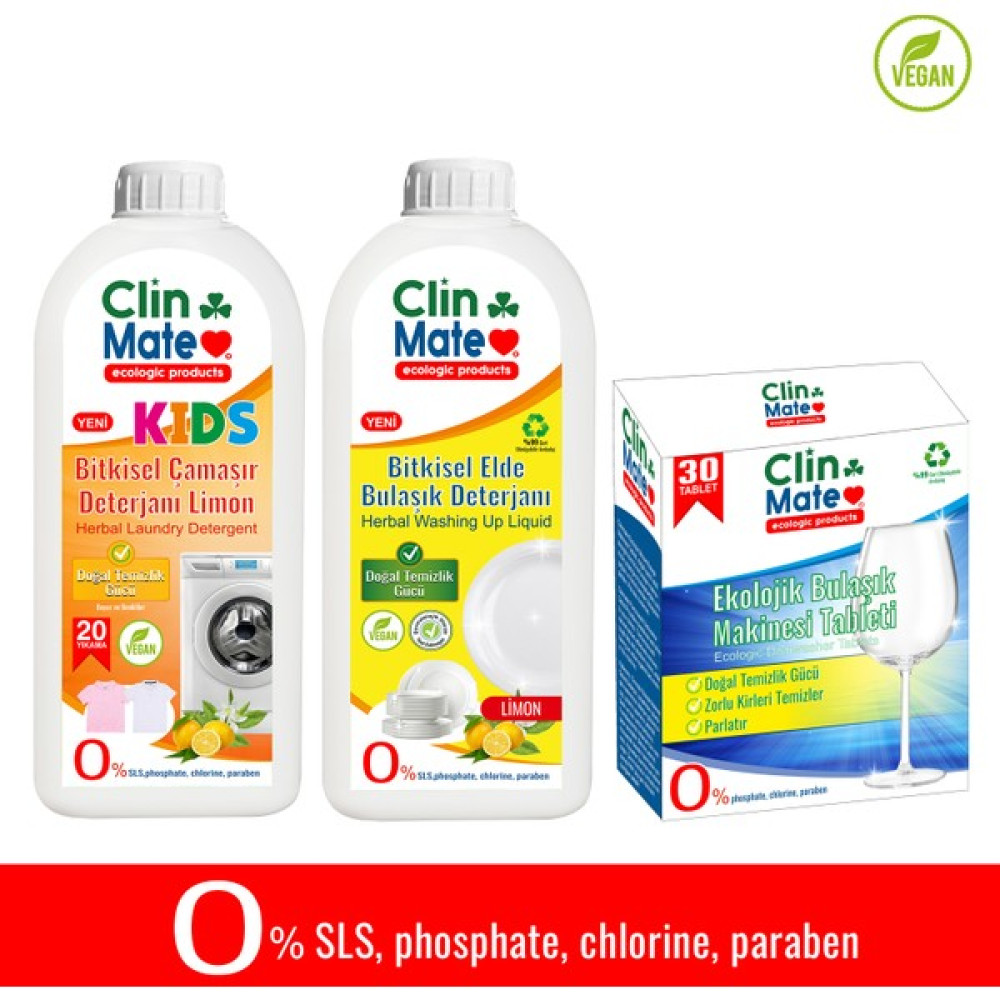 Clinmate 3'lüset Kids Bitkisel Çocuk Deterjanı Limon 750 ml 20 Yk+Eklojik Bulaşık Tableti+ Elde Bulaşık Limon - 1,5 lt Çamaşır Deterjanı Fiyatı